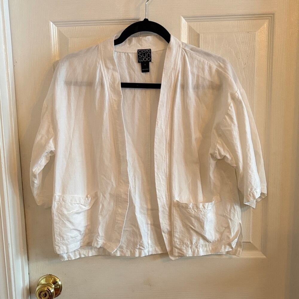CLARA SUNWOO women’s small linen cotton blend white open front jacket - Picture 1 of 4